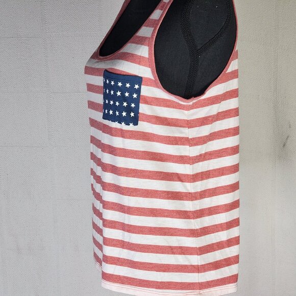 Fifth Sun Red White Stripe Blue Pocket with White Stars Poly Rayon Tank Top Sz L - Picture 10 of 16